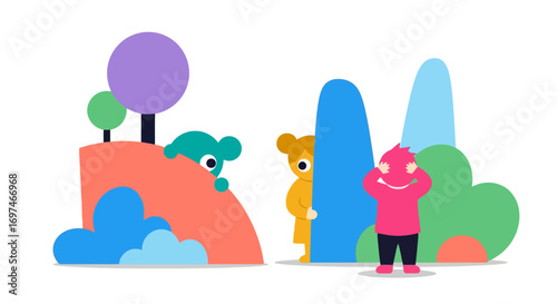 Playful Illustration of Children Playing Hide and Seek in a Whimsical Landscape. Ideal for children's books, educational materials, or cheerful website designs.