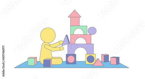 Child's Creative Construction with Pastel-Colored Building Blocks on a Blue Mat for Educational Materials and Early Childhood Development Projects