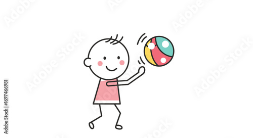 Playful Child Illustration with Ball on White Background for Educational Resources and Children's Content, Ideal for Promoting Child Development and Learning