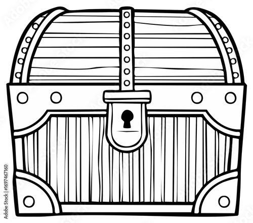 Cartoon black and white illustration of a closed wooden treasure chest with a prominent lock