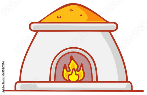 Cartoon illustration of a stone oven with a fire inside.