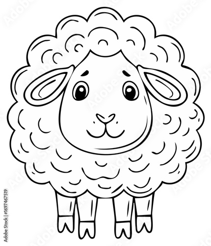A friendly standing lamb with fluffy wool character outline for a children's coloring page