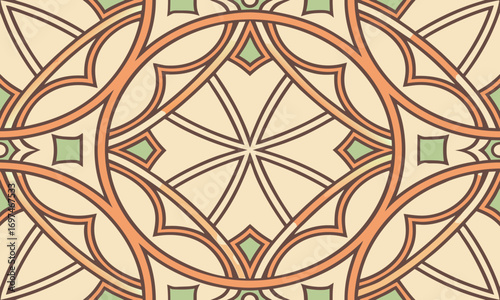 Seamless geometric pattern of interlacing lines and circles in a vintage Gothic stained glass style