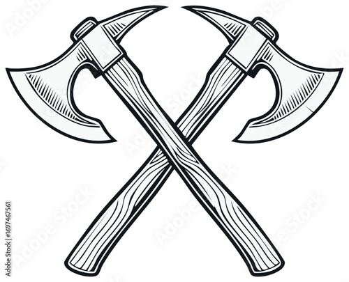 Crossed Axes Emblem Vector Illustration in Vintage Engraved Style