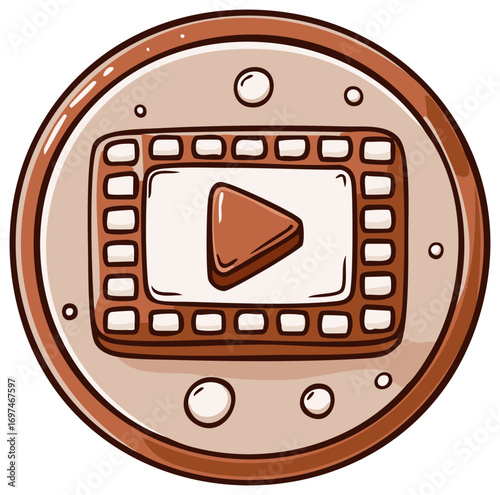Play button emblem on a film reel with round frame and rivets
