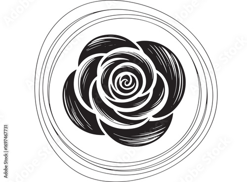 Abstract Black and White Rose Illustration, Spiral Flower Design