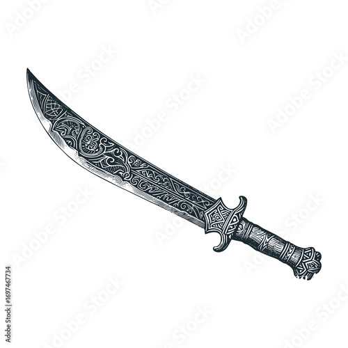 Ancient Damascus sword – Black and White Icon Vector and Illustration