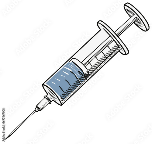 Hand drawn cartoon style medical syringe with blue liquid and sharp needle