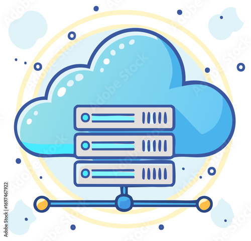 Cloud server illustration with cloud data storage and network technology concept.