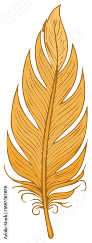 Stylized single feather with intricate details in vibrant ochre color, vector illustration