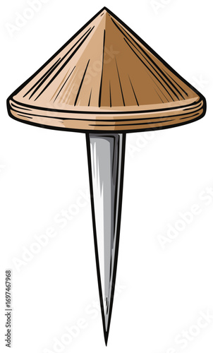Creative cartoon illustration of a thumbtack with a traditional Asian conical hat