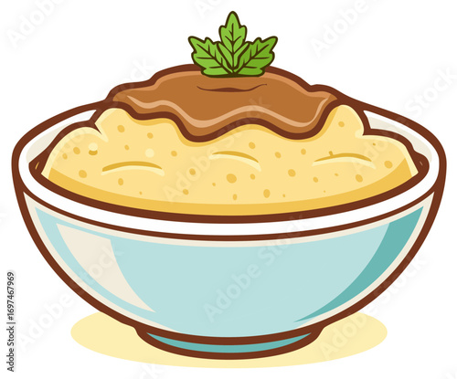 Cartoon illustration of a bowl of mashed potatoes with gravy and a garnish.