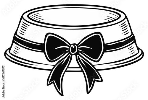 Stylized black and white illustration of a pet bowl adorned with a decorative ribbon bow