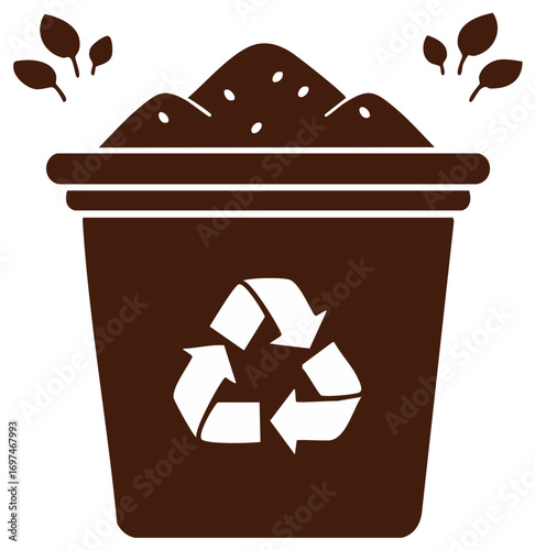 Brown bin full of compost with a recycling symbol and leaves, promoting organic waste reduction
