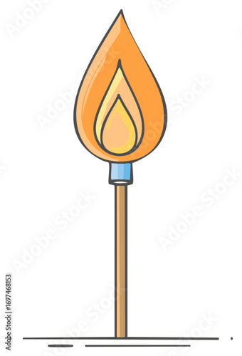 Illustrated matchstick with a burning flame, emitting warm and vibrant glow, providing light in a graphic art style.