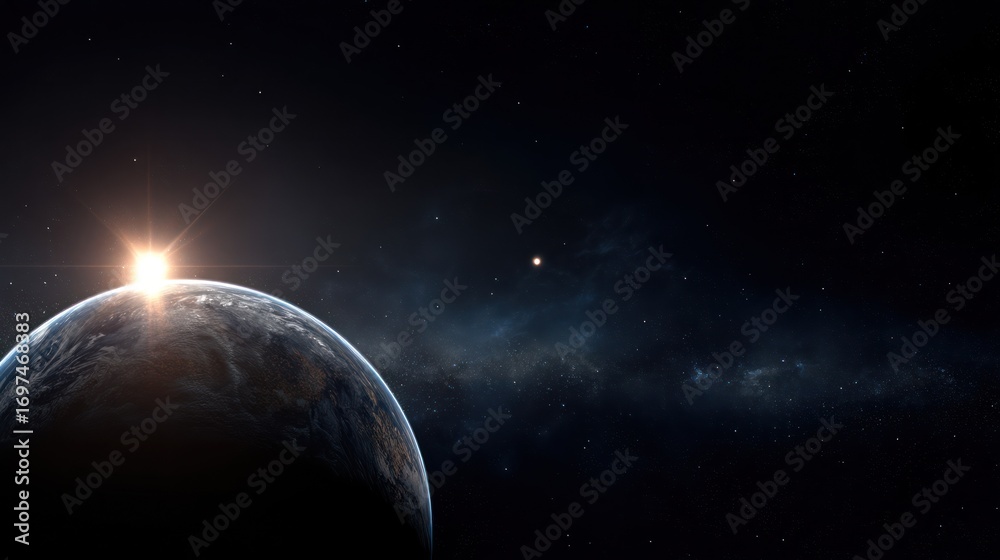 Naklejka premium Blue planet with clouds and light peaking from it against a starry backdrop
