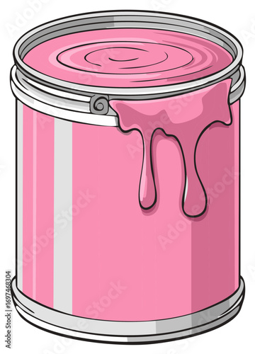 Pink paint can with dripping liquid and stylized metal rim for creative projects