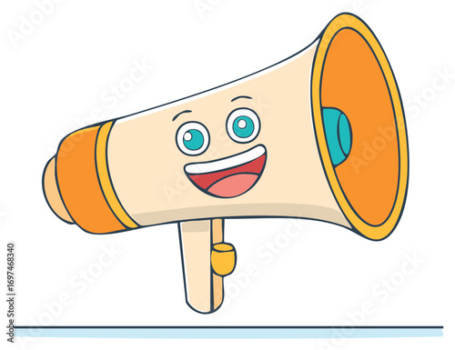 Cheerful Cartoon Megaphone with Smiling Face Illustration Communication Loudspeaker Vector Image