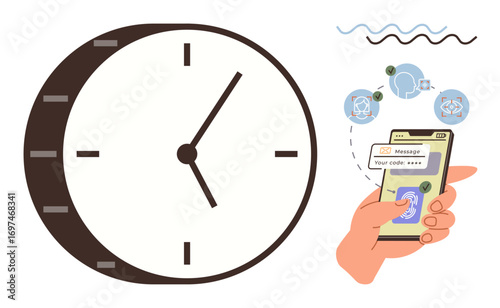 Large clock with ticking hands beside a smartphone displaying an OTP input and fingerprint scan, indicating secure login. Ideal for cybersecurity, time management, mobile communication, digital