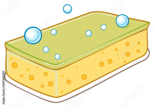 Cartoon illustration of a yellow sponge with bubbles isolated against a white backdrop, cleaning and washing concept