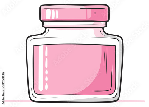 Hand drawn pink jar with liquid and screw cap, isolated on white