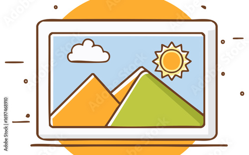 Cute artistic illustration of a natural mountain landscape with sun and cloud in a picture frame