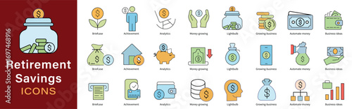 Retirement Savings Icons Set – Financial Planning and Investment Vector Collection for Long-Term Wealth