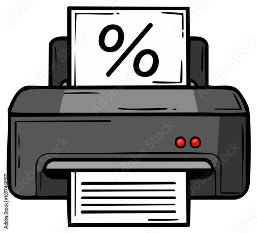 Printer machine printing a sheet with a large percentage symbol and a document with text