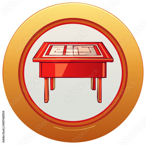 Red Game Table with Grid on Golden Coin: Cartoon Illustration of Mahjong Table Design