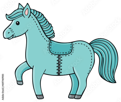 Cartoon illustration of a blue toy horse with saddle and decorative stitch details.