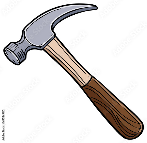 Cartoon illustration of a classic claw hammer construction tool isolated