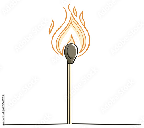 Isolated burning match with a vibrant flame simple hand drawn illustration