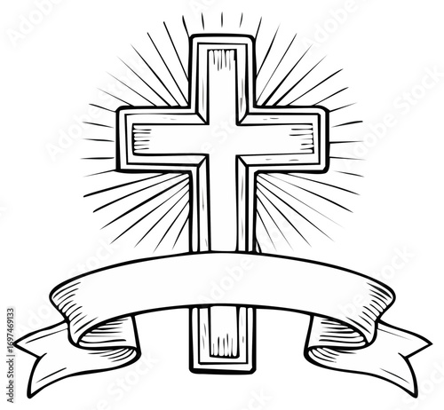 Black and white Christian cross with bright radiating light rays and blank banner scroll detailed line art drawing