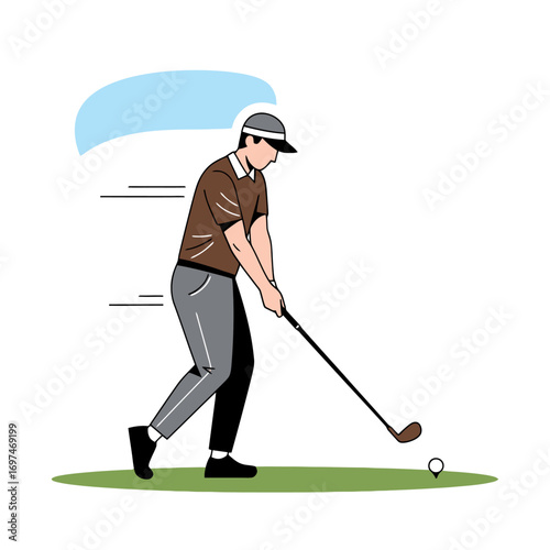 Dynamic Golf Swing Illustration Depicting the Follow-Through Motion for Sports Promotion, Training Materials, and Golfing Equipment Advertisements