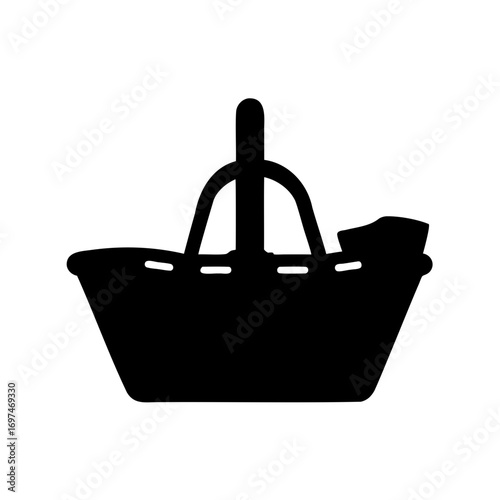 Silhouette image of a traditional picnic basket with handle and contents