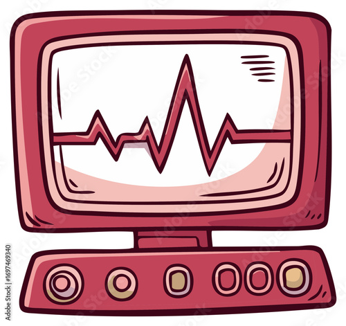 Cartoon illustration of a red medical heart rate monitor with an EKG pulse line