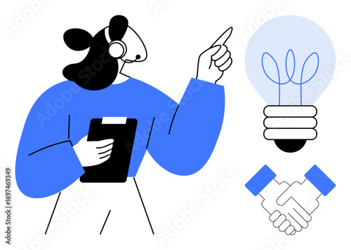 Woman holding clipboard points upward near lightbulb representing innovation, and handshake suggesting collaboration. Ideal for business, teamwork, communication, leadership, creativity