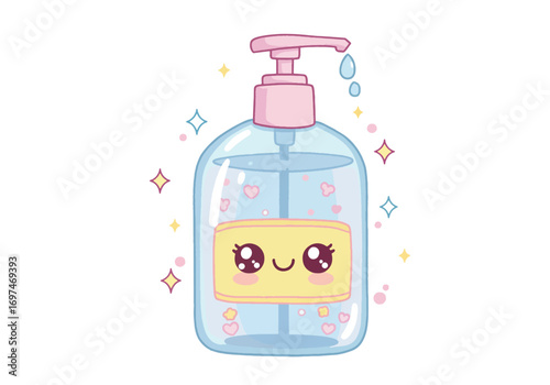 Cute cartoon illustration of a hand sanitizer bottle with a pump, hearts, and sparkles.