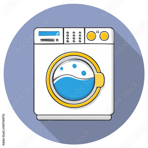 Front Load Laundry Washing Machine with Water in Blue Circle Background