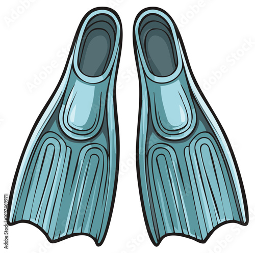 Illustration of two light blue swimming fins Equipment for diving or snorkeling activity Underwater sport gear accessory item