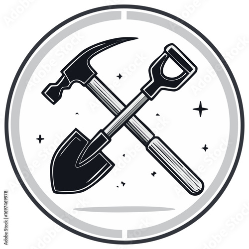 Vintage Hammer and Shovel Crossed Emblem Construction Mining Labor Symbol