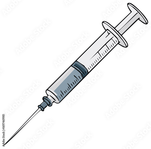 Disposable medical syringe with needle and liquid, cartoon illustration