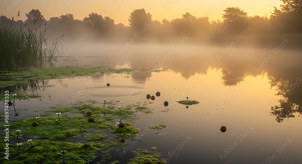 Fototapeta premium 朝霧漂う水面、静寂な早朝風景写真