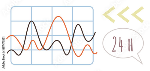 Graph with orange and black lines tracking fluctuations, speech bubble reading 24H, and two yellow arrows. Ideal for data trends, time tracking, analytics, performance, metrics, forecasting
