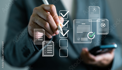 Document approval and business productivity tracking concept. Businesswoman using digital pen to check off virtual checklist on transparent screen, task management and ISO compliance verification.