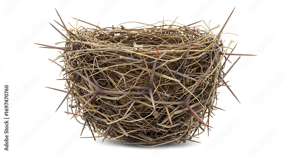 Obraz premium 白背景に写る鳥の巣、棘のある枝で丁寧に編まれた小鳥の巣