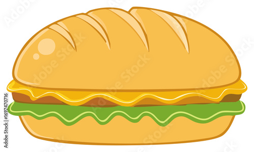Cartoon illustration of a delicious sandwich with cheese and lettuce.