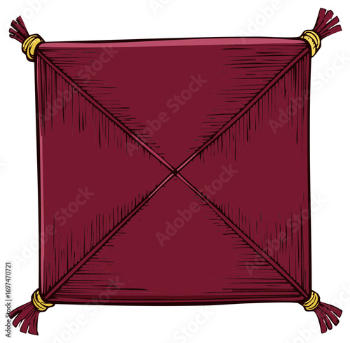 Maroon decorative square cushion with elegant tufted design and golden tassels illustration