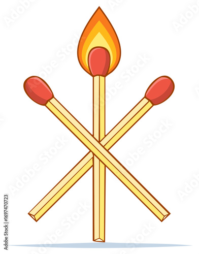 Three Matches Forming an Abstract Pattern with Burning Flame Bright Red Heads and Wooden Sticks Symbol