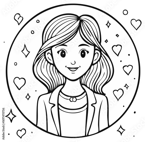Line art illustration of a smiling woman in a business suit with hearts and stars in a circular frame, expressing positivity
